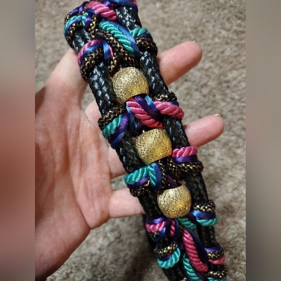 Vintage Bungee Belt With Braided Multicolor Woven Cords And Golden Beads - Picture 4 of 8